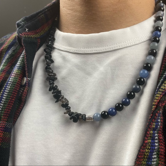 Mens Black Obsidian Blue Aventurine Necklace and Bracelet Beaded Set - Picture 3 of 5
